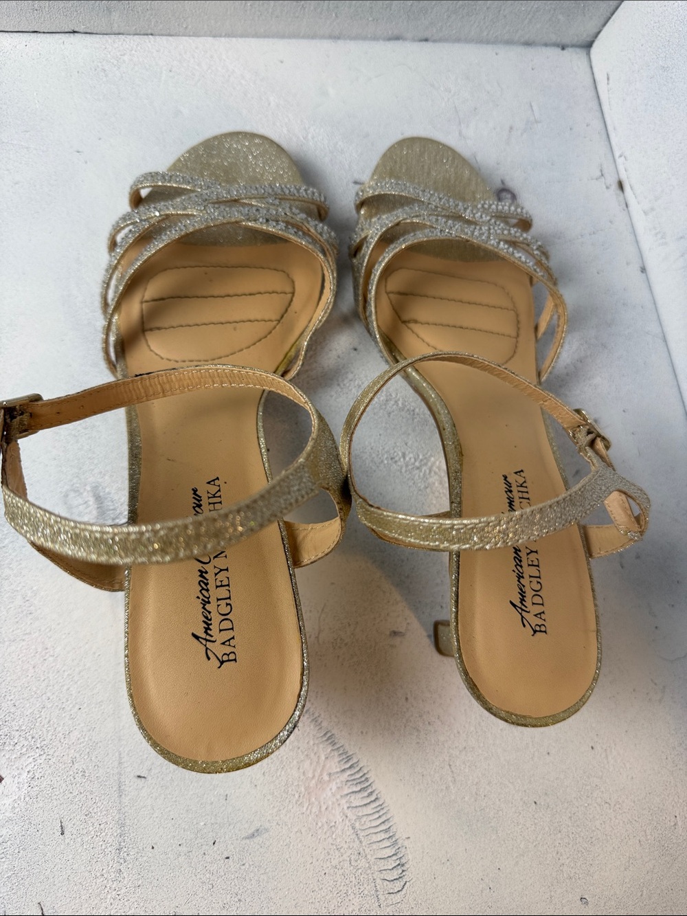 Badgley Mischka Gold Glitter Rhinestone Strappy Heels - Picture 3 of 4